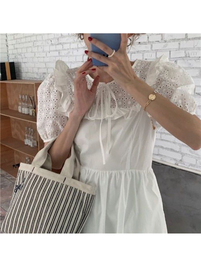 Soft wind cut-out lace dress women's French temperament bubble sleeve waist length black skirt summer 