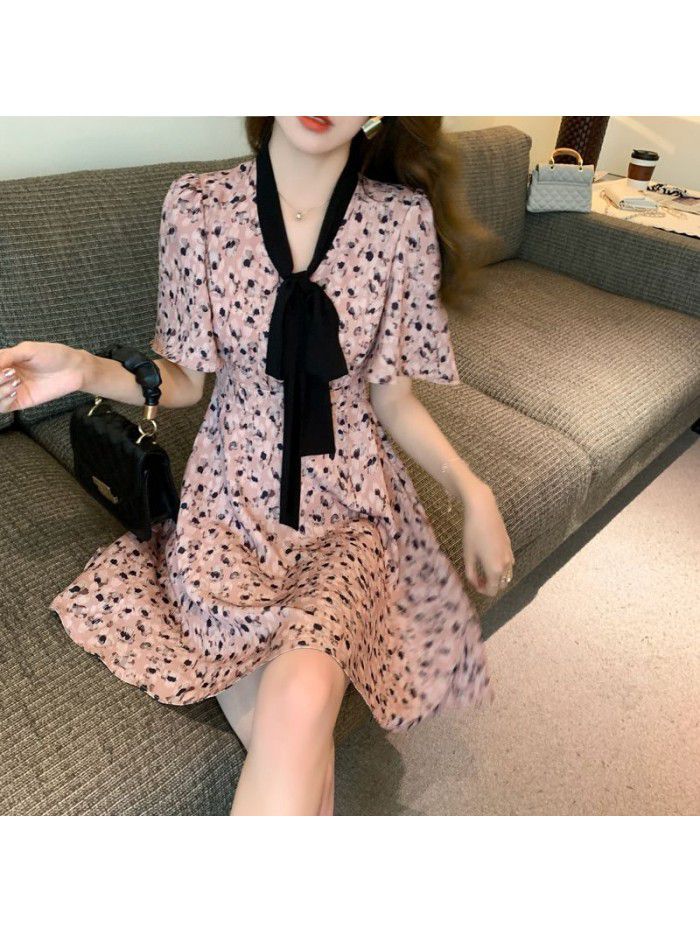 Summer  new temperament sweet short skirt bow waist small Flower Chiffon Dress 
