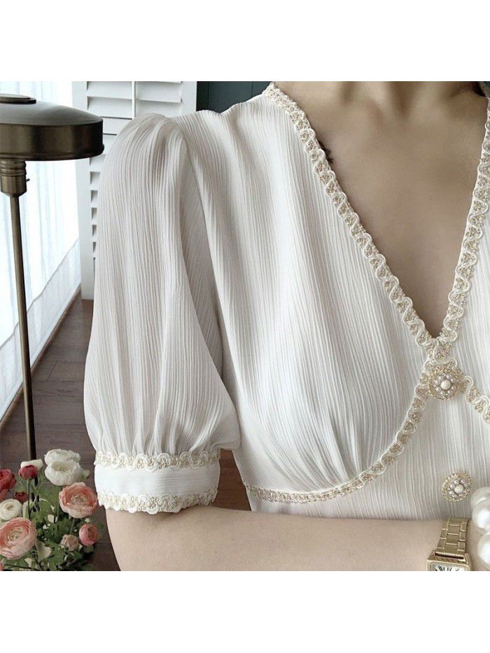 Design sense 21 small fragrance splicing ribbon tea break French dress women's summer short sleeve V-neck waist temperament long skirt  Design sense 21 small fragrance splicing ribbon tea break French dress women's summer short sleeve V-neck waist temperament long skirt