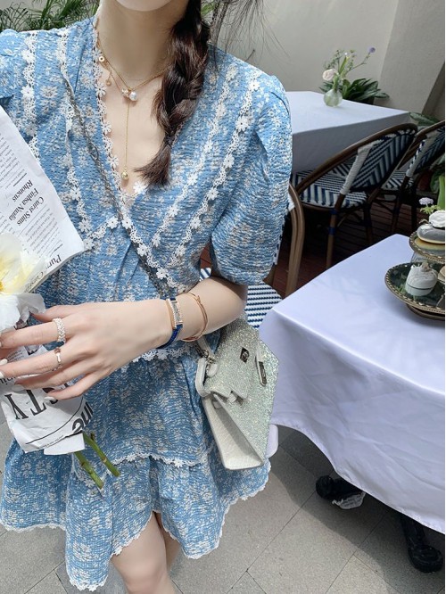 Fish rabbit floral dress summer blue soft sweet fl... Fish rabbit floral dress summer blue soft sweet fl...