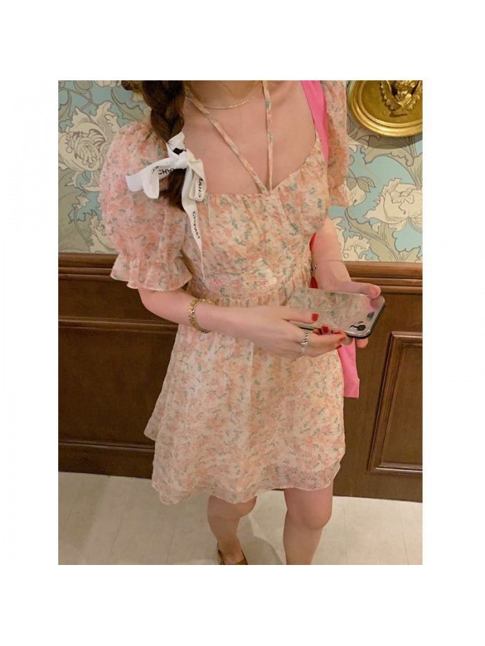Rose tea pink floral skirt women's summer  new French dress with gentle style 