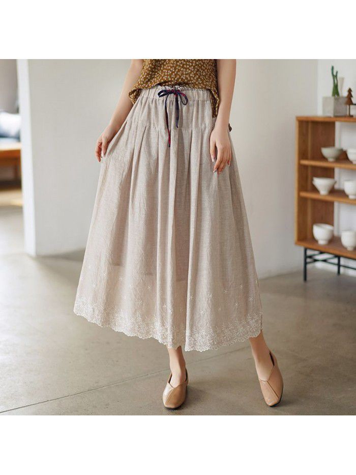 Literature and art women's  new high waist A-line floral skirt summer elastic waist embroidered skirt wholesale 