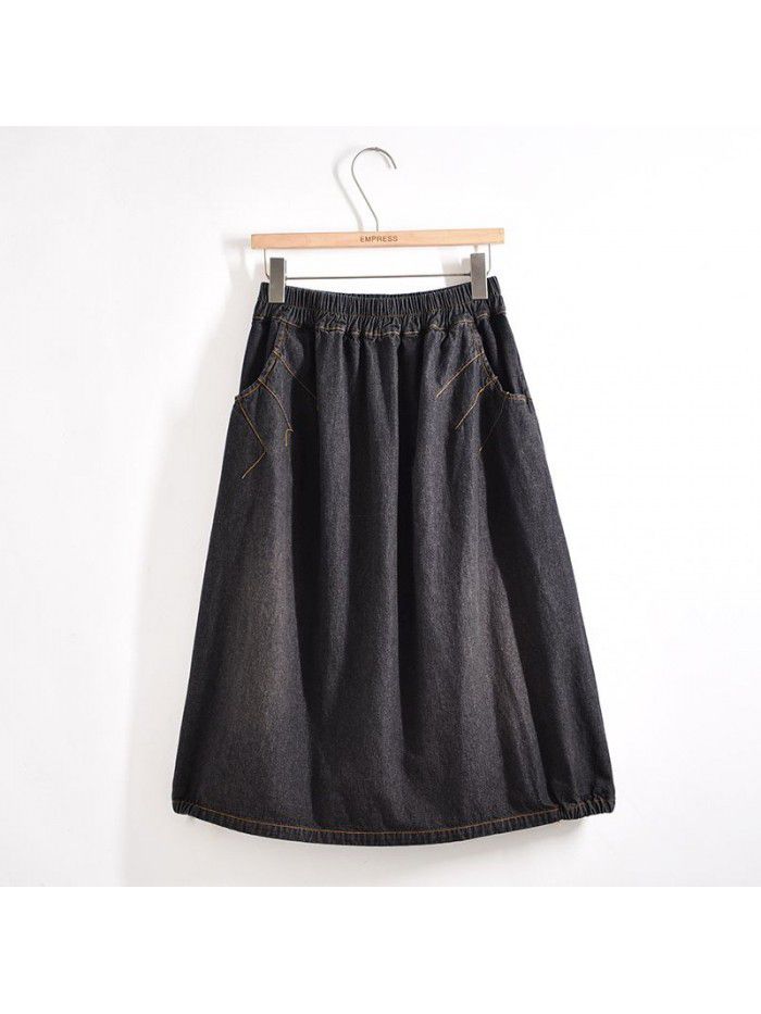 Qimei  Amazon's popular spring fashion denim skirt mid length elastic waist A-line skirt wholesale 