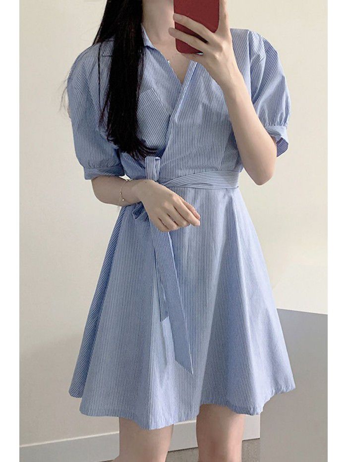 French retro small fresh stripe dress  summer new small tie waist slim shirt skirt 