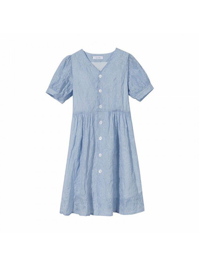 summer new product net red homemade blue V-neck Girl Doll skirt bubble sleeve A-line temperament dress looks thin   summer new product net red homemade blue V-neck Girl Doll skirt bubble sleeve A-line temperament dress looks thin