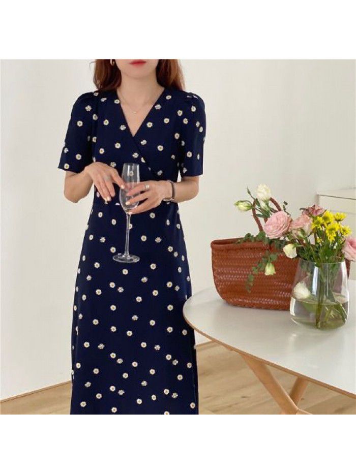 Polka dot dress women's summer mid long French retro Daisy V-neck short sleeve high waist slim bottom skirt 