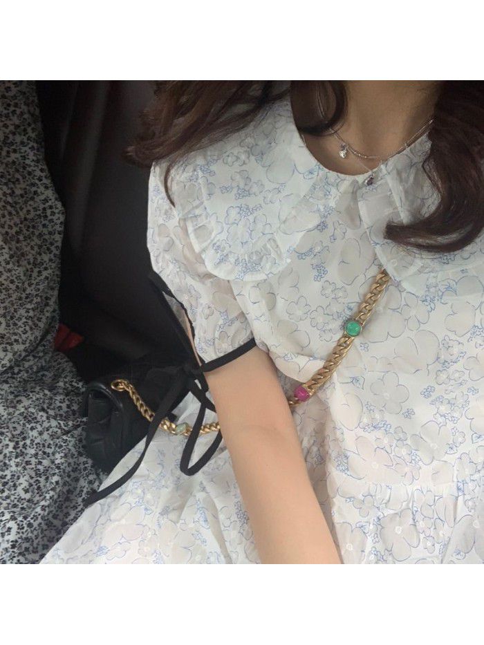 The story of the little blue flower fresh summer dress show thin floral long skirt sweet baby collar hair 
