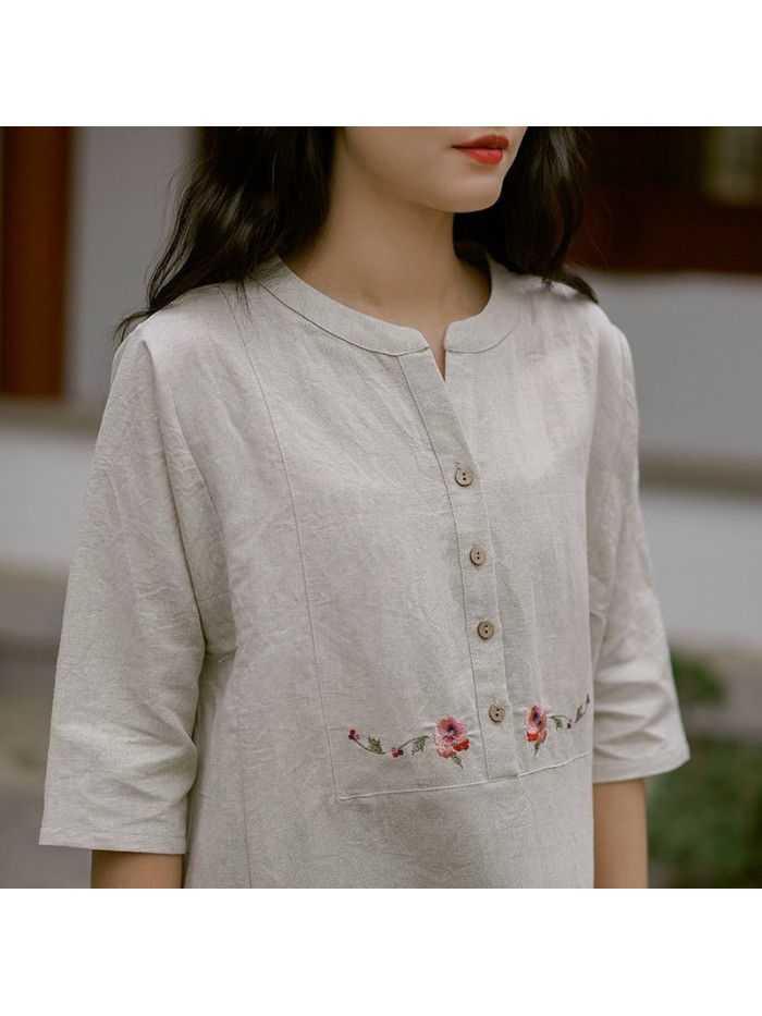Cotton and hemp women's  new mid sleeve retro dress summer Chinese style embroidery temperament A-line skirt  Cotton and hemp women's  new mid sleeve retro dress summer Chinese style embroidery temperament A-line skirt