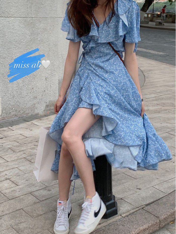 French retro soft floral dress women's summer chiffon long dress design first love dress   French retro soft floral dress women's summer chiffon long dress design first love dress
