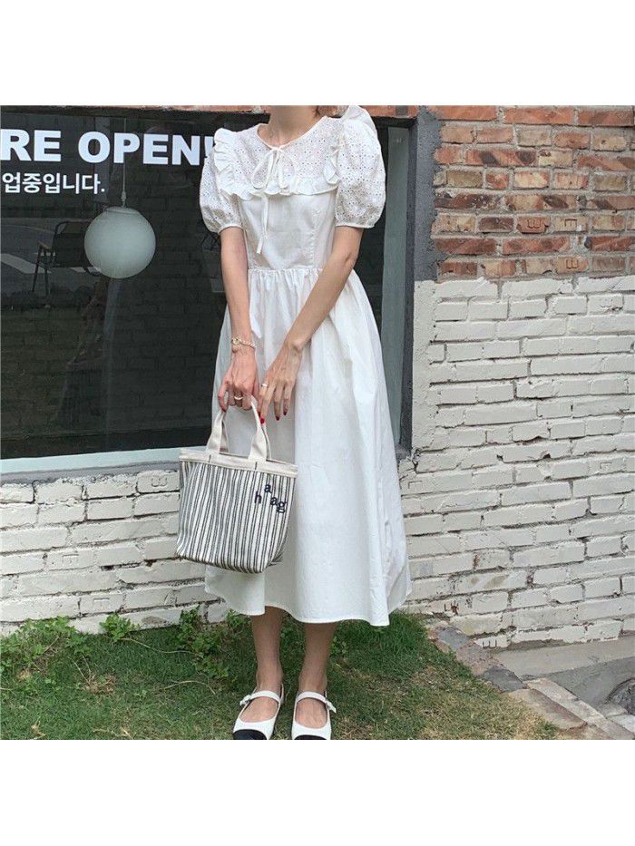 Soft wind cut-out lace dress women's French temperament bubble sleeve waist length black skirt summer 