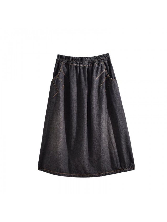 Qimei  Amazon's popular spring fashion denim skirt mid length elastic waist A-line skirt wholesale 