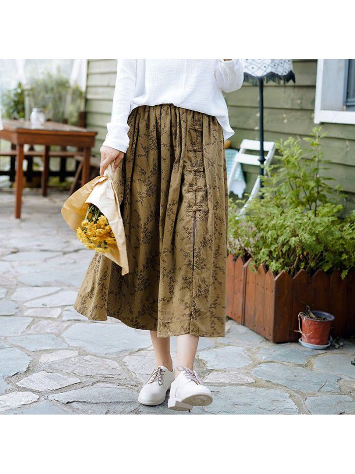Literature and art women's high waist A-line floral skirt  autumn new half split retro style skirt wholesale 
