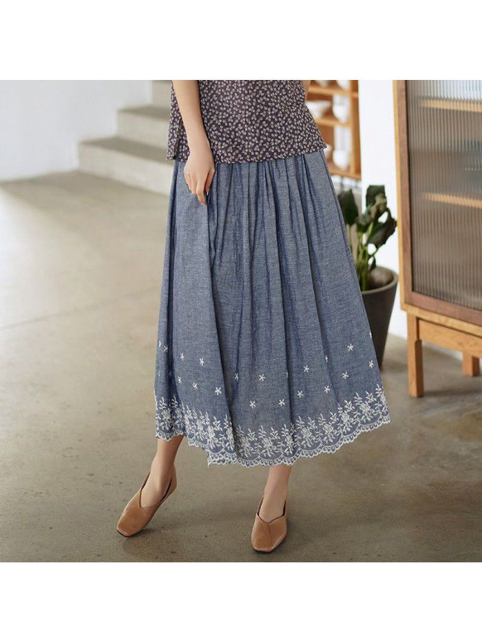 Literature and art women's  new high waist A-line floral skirt summer elastic waist embroidered skirt wholesale 