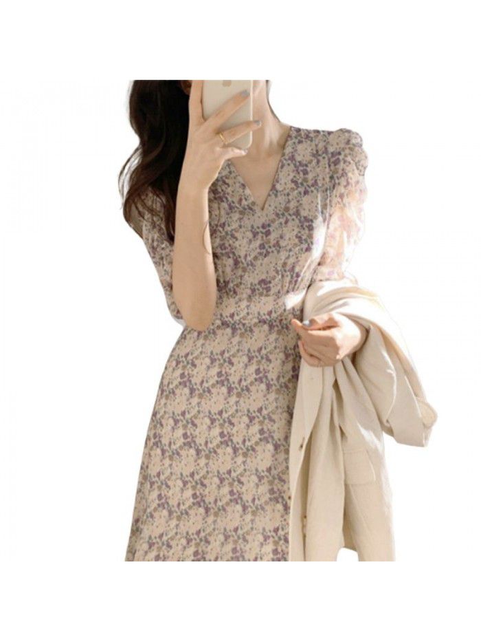 French retro dress summer  new temperament goddess fan Platycodon Flower Chiffon Skirt V-neck waist slim 