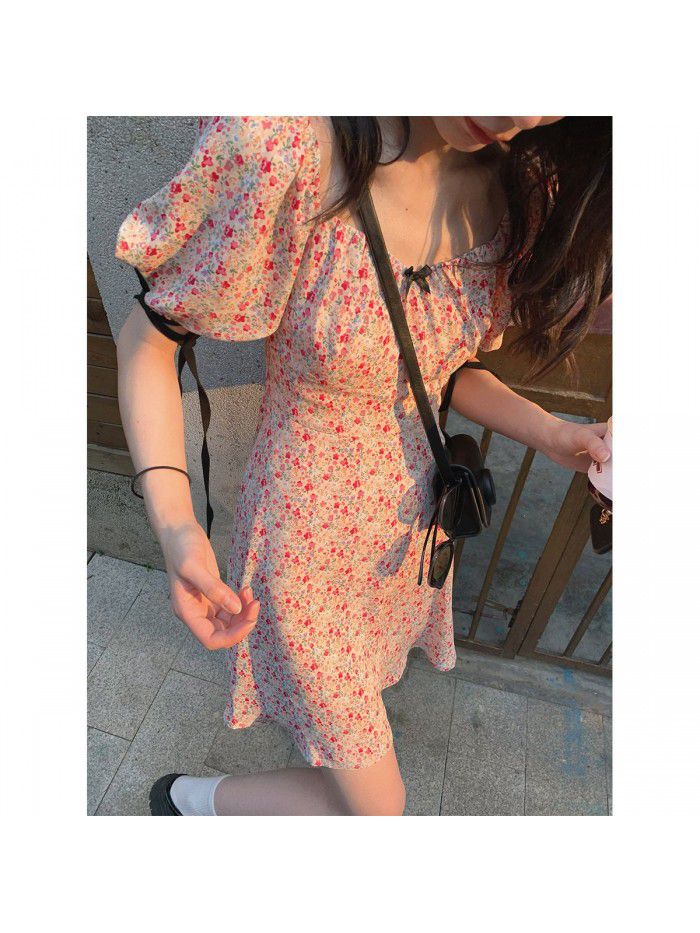 Factory direct sale  summer new product sleeve bandage / Pink Floral Dress Korean version slim Amazon  Factory direct sale  summer new product sleeve bandage / Pink Floral Dress Korean version slim Amazon