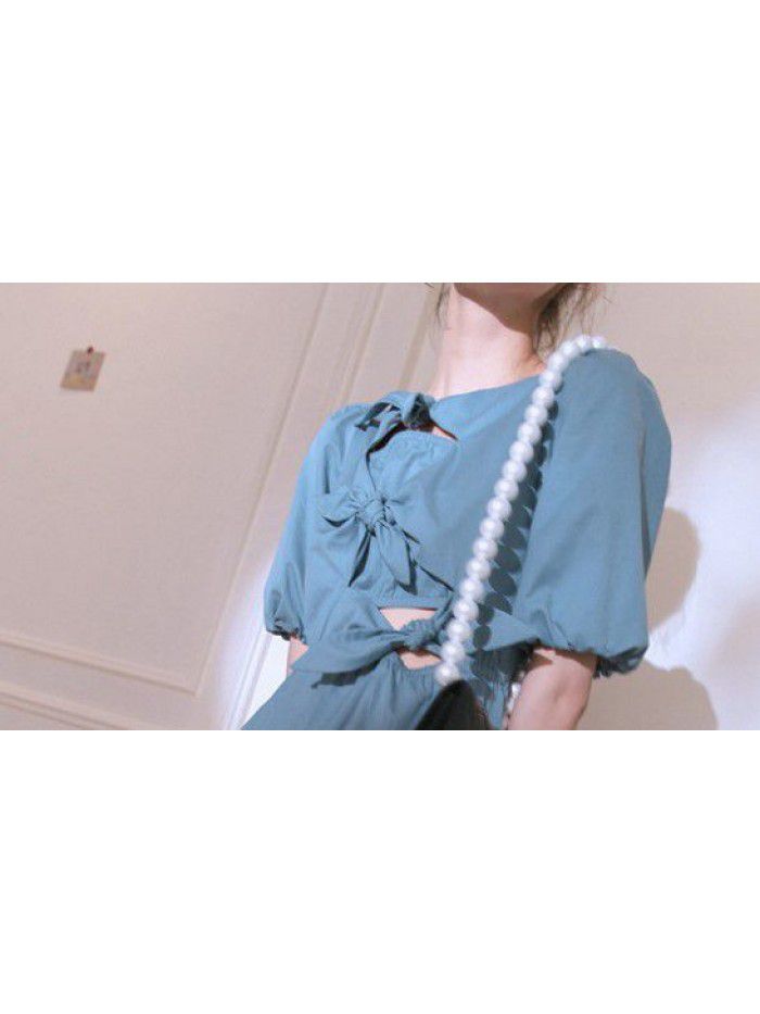 Blue blue, Zurich lake blue  spring and summer new Korean design feeling bow hollow out dress  Blue blue, Zurich lake blue  spring and summer new Korean design feeling bow hollow out dress