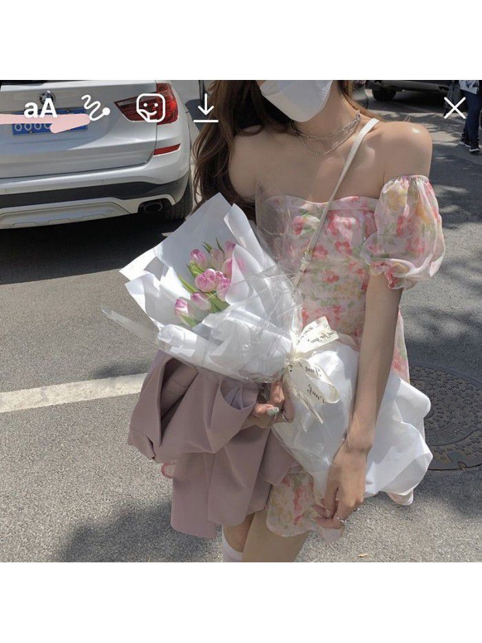 Platycodon French Chiffon floral dress women's summer  new sweet first love bubble sleeve 