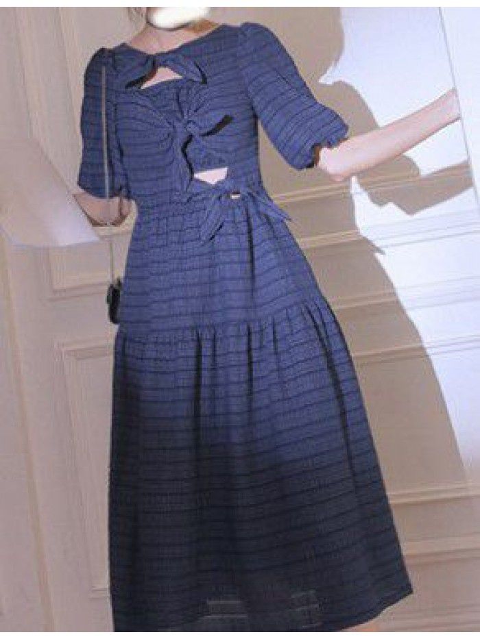 Blue blue, Zurich lake blue  spring and summer new Korean design feeling bow hollow out dress  Blue blue, Zurich lake blue  spring and summer new Korean design feeling bow hollow out dress