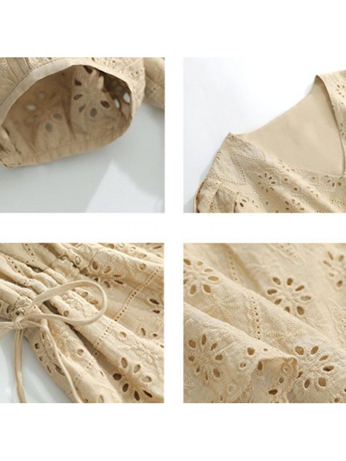 Daxi homemade retro V-neck short sleeve mid length embroidered dress for women  [sun skirt] 