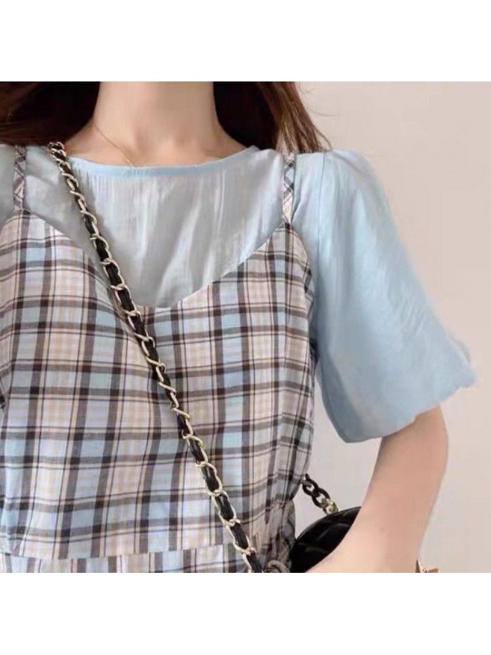 summer new slim waist French bubble sleeve two piece dress sweet girl Plaid suspender skirt   summer new slim waist French bubble sleeve two piece dress sweet girl Plaid suspender skirt