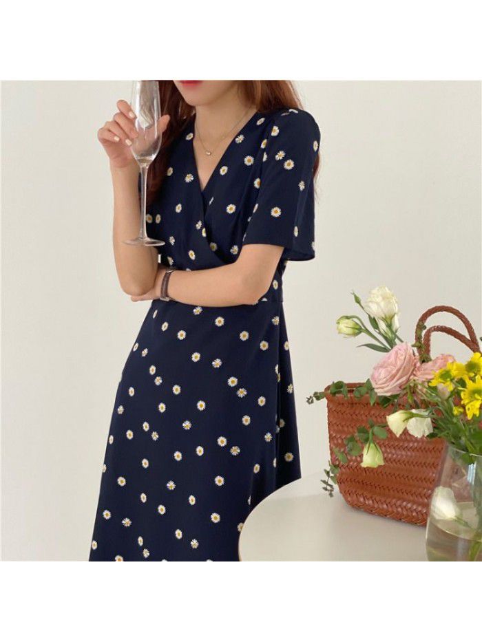 Polka dot dress women's summer mid long French retro Daisy V-neck short sleeve high waist slim bottom skirt 