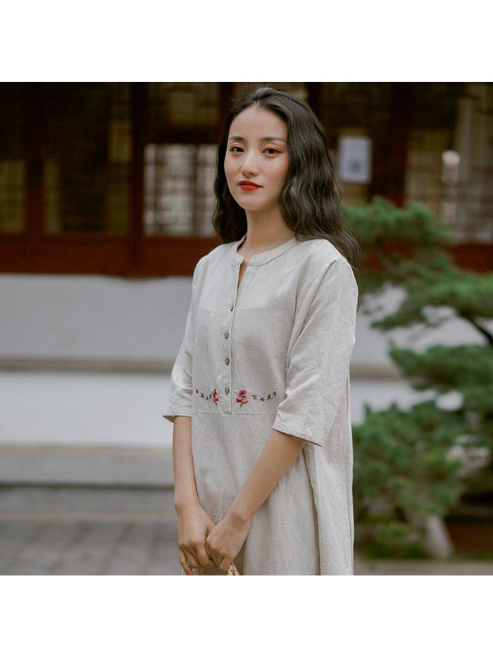 Cotton and hemp women's  new mid sleeve retro dress summer Chinese style embroidery temperament A-line skirt  Cotton and hemp women's  new mid sleeve retro dress summer Chinese style embroidery temperament A-line skirt