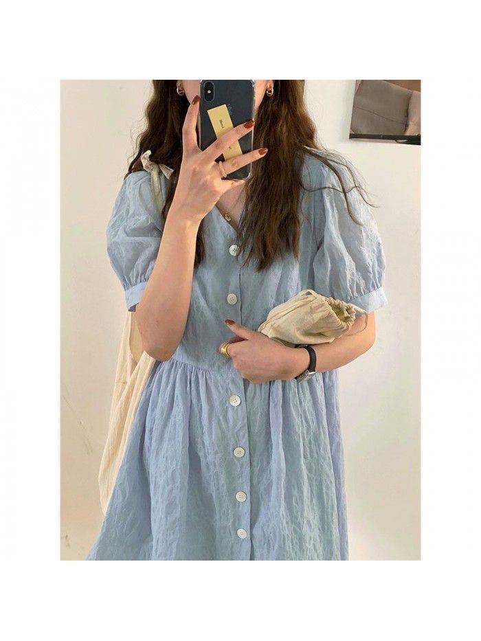 summer new product net red homemade blue V-neck Girl Doll skirt bubble sleeve A-line temperament dress looks thin   summer new product net red homemade blue V-neck Girl Doll skirt bubble sleeve A-line temperament dress looks thin