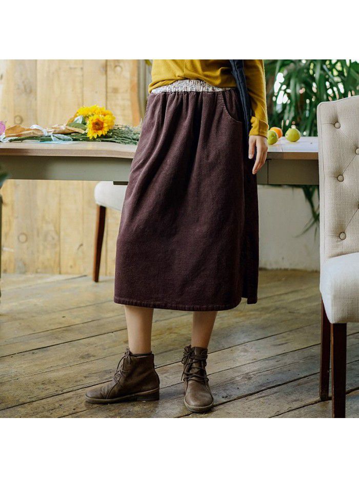 Literature and art women's Corduroy Skirt  new autumn and winter elastic high waist solid color A-line knee length skirt wholesale 