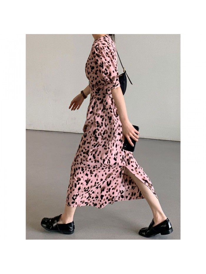 Pink Leopard Pattern bubble sleeve dress summer new round neck lace up waist show thin temperament split dress 