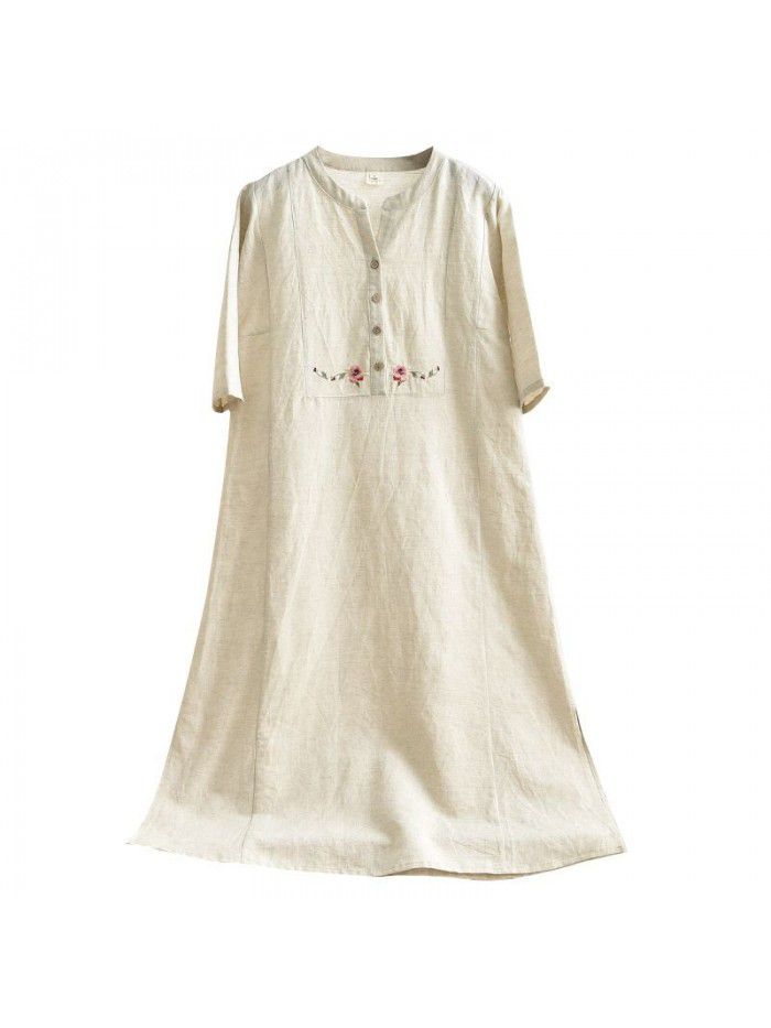 Cotton and hemp women's  new mid sleeve retro dress summer Chinese style embroidery temperament A-line skirt  Cotton and hemp women's  new mid sleeve retro dress summer Chinese style embroidery temperament A-line skirt