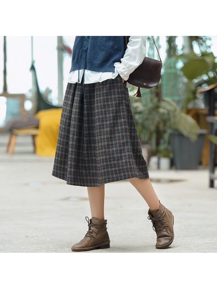 New high waist plaid skirt for women of literature and art autumn winter  tweed Black Slim Design A-line skirt 