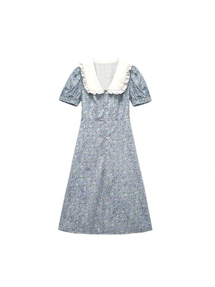 French baby collar bubble sleeve floral dress for women 