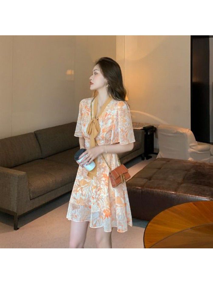 Summer  new temperament sweet short skirt bow waist small Flower Chiffon Dress 