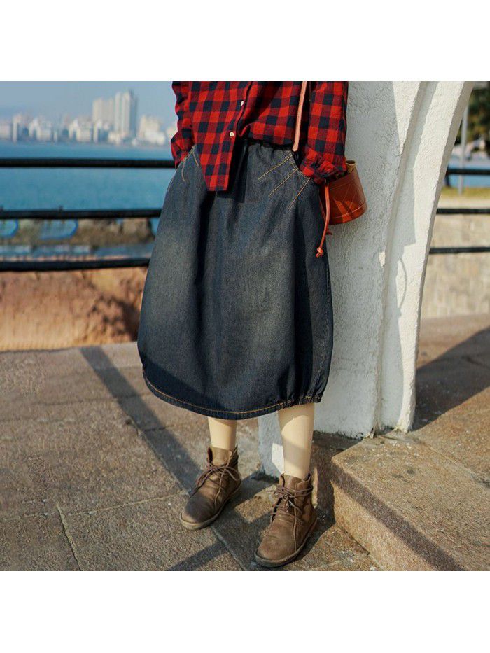 Qimei  Amazon's popular spring fashion denim skirt mid length elastic waist A-line skirt wholesale 