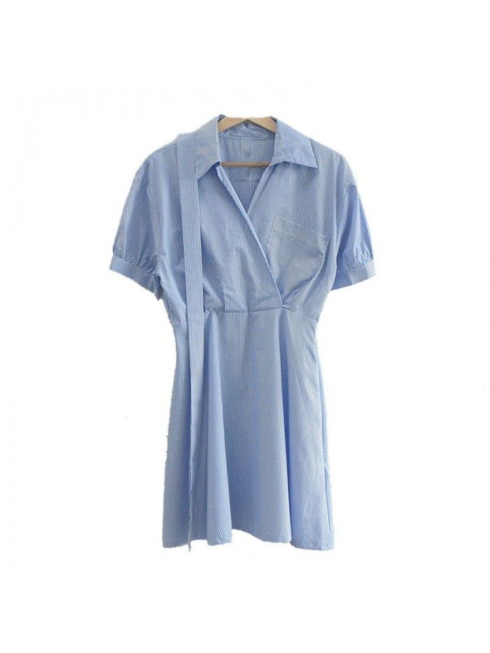 French retro small fresh stripe dress  summer new small tie waist slim shirt skirt 