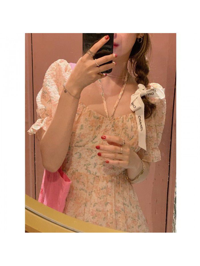 Rose tea pink floral skirt women's summer  new French dress with gentle style 