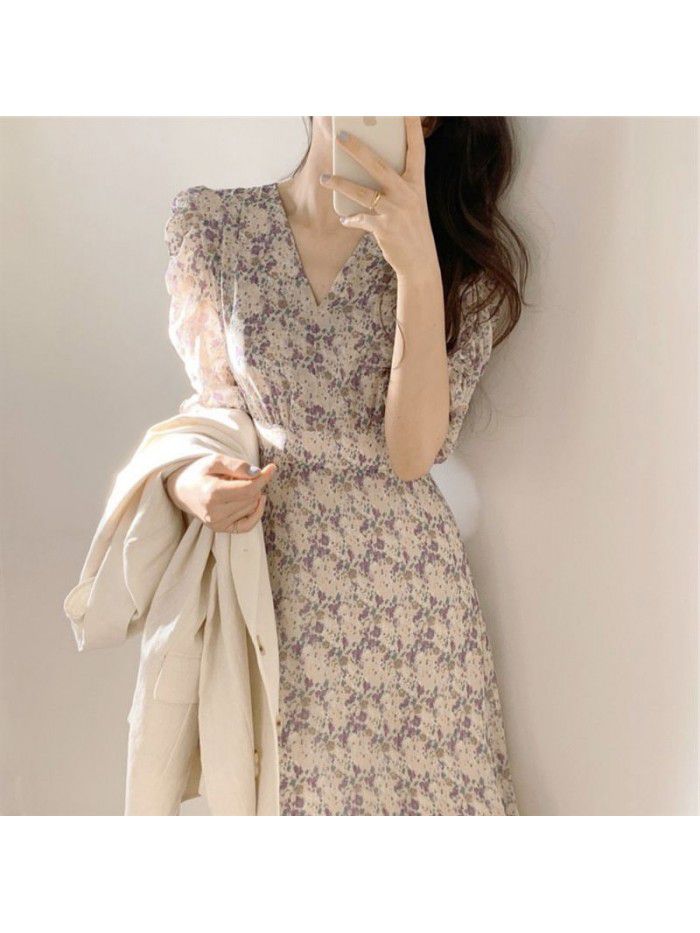French retro dress summer  new temperament goddess fan Platycodon Flower Chiffon Skirt V-neck waist slim 