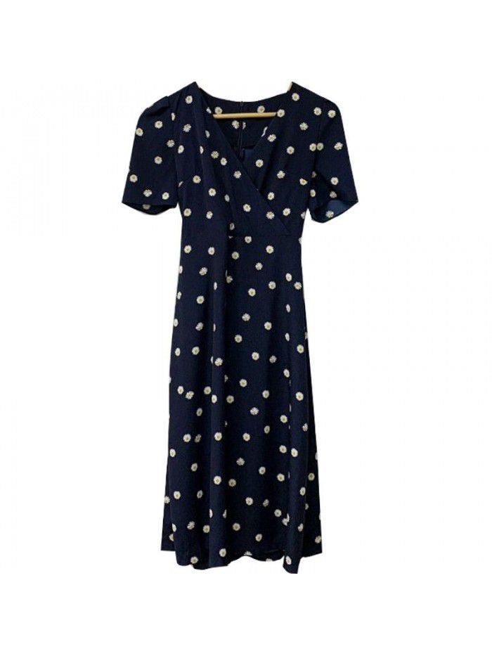 Short sleeve dress with Daisy binding waist summer  new Korean chic soft V-neck slim skirt 