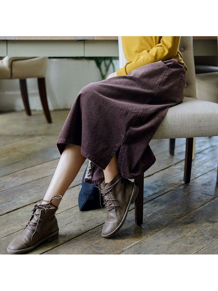 Literature and art women's Corduroy Skirt  new autumn and winter elastic high waist solid color A-line knee length skirt wholesale 
