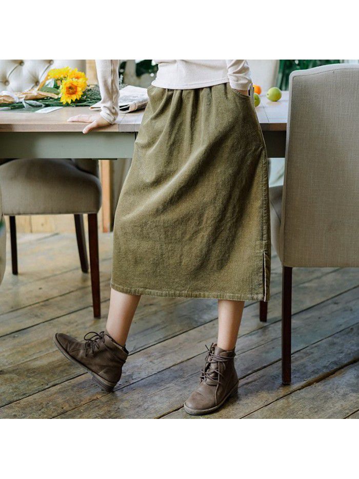 Literature and art women's Corduroy Skirt  new autumn and winter elastic high waist solid color A-line knee length skirt wholesale 