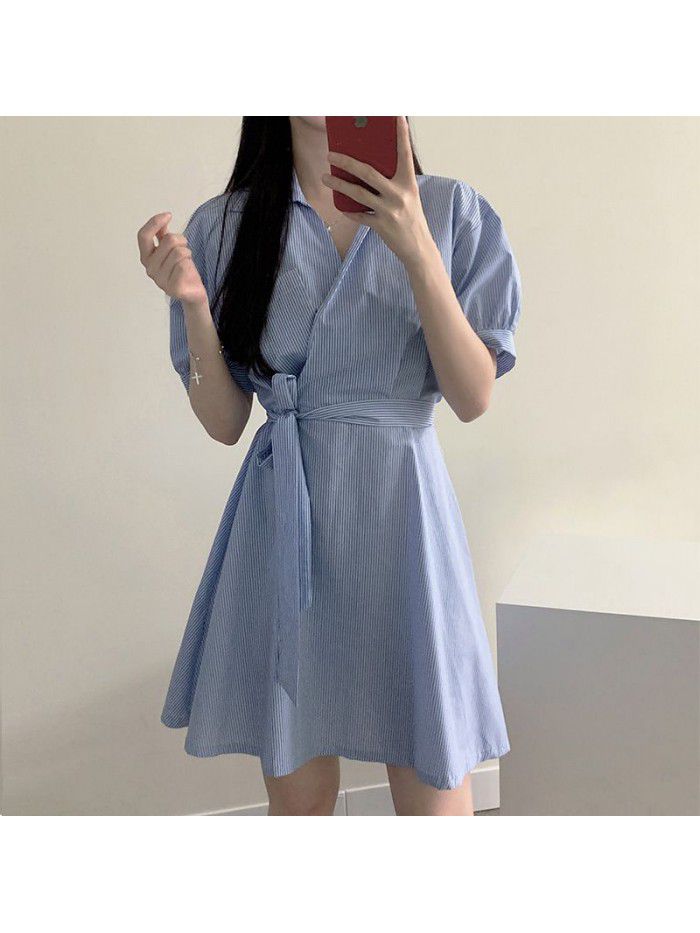French retro small fresh stripe dress  summer new small tie waist slim shirt skirt 