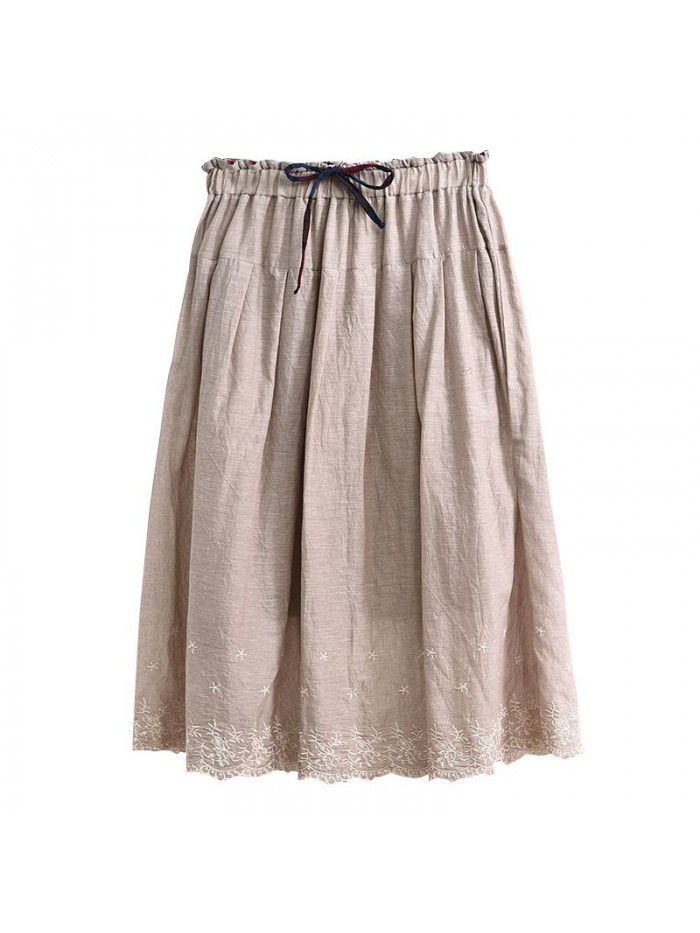Literature and art women's  new high waist A-line floral skirt summer elastic waist embroidered skirt wholesale 