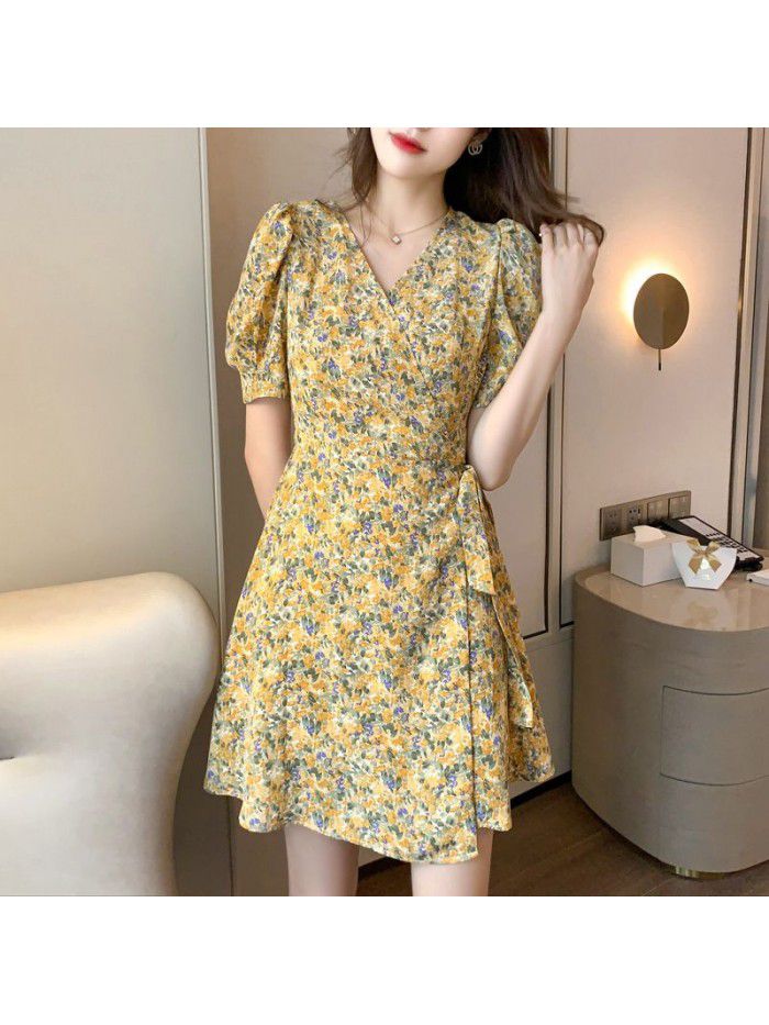 new spring and summer V-neck short sleeve skirt floral dress women's French slim A-line skirt small 