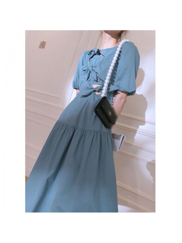 Blue blue, Zurich lake blue  spring and summer new Korean design feeling bow hollow out dress  Blue blue, Zurich lake blue  spring and summer new Korean design feeling bow hollow out dress