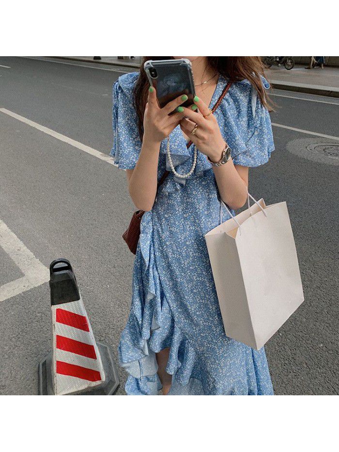 French retro soft floral dress women's summer chiffon long dress design first love dress   French retro soft floral dress women's summer chiffon long dress design first love dress