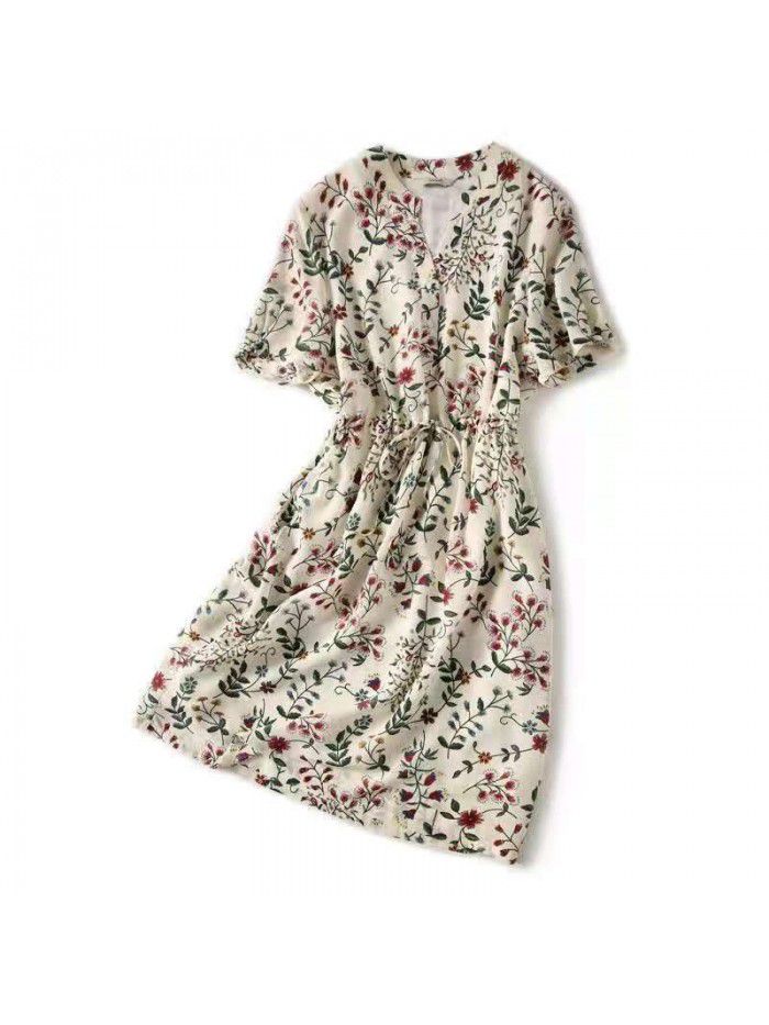 Cool in spring and summer, plant print drawstring shows thin, lace up imitates silkworm, short sleeve and medium length dress  Cool in spring and summer, plant print drawstring shows thin, lace up imitates silkworm, short sleeve and medium length dress
