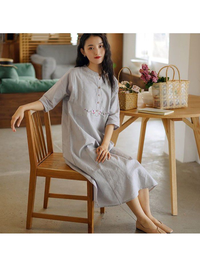 Cotton and hemp women's  new mid sleeve retro dress summer Chinese style embroidery temperament A-line skirt  Cotton and hemp women's  new mid sleeve retro dress summer Chinese style embroidery temperament A-line skirt