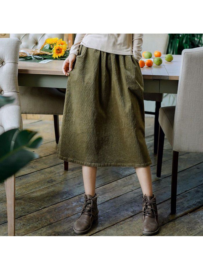 Literature and art women's Corduroy Skirt  new autumn and winter elastic high waist solid color A-line knee length skirt wholesale 