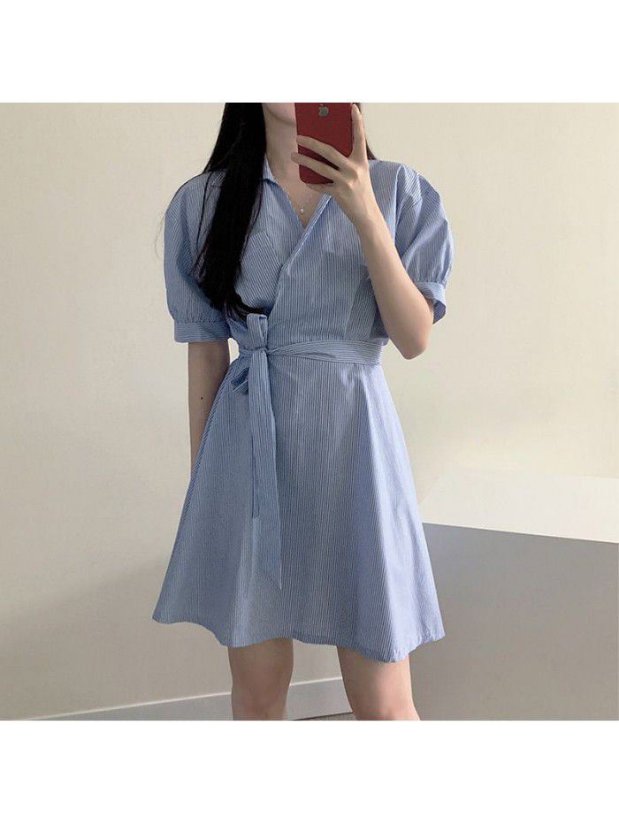 French retro small fresh stripe dress  summer new small tie waist slim shirt skirt 