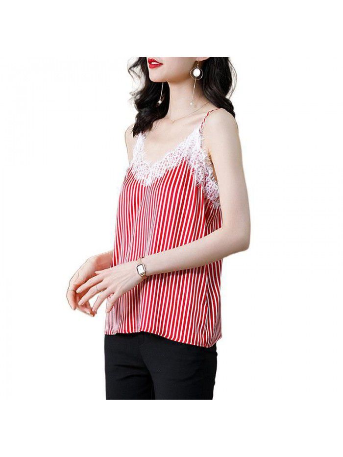 Red striped silk suspender backing  new casual and versatile, sexy V-neck silk vest for women 